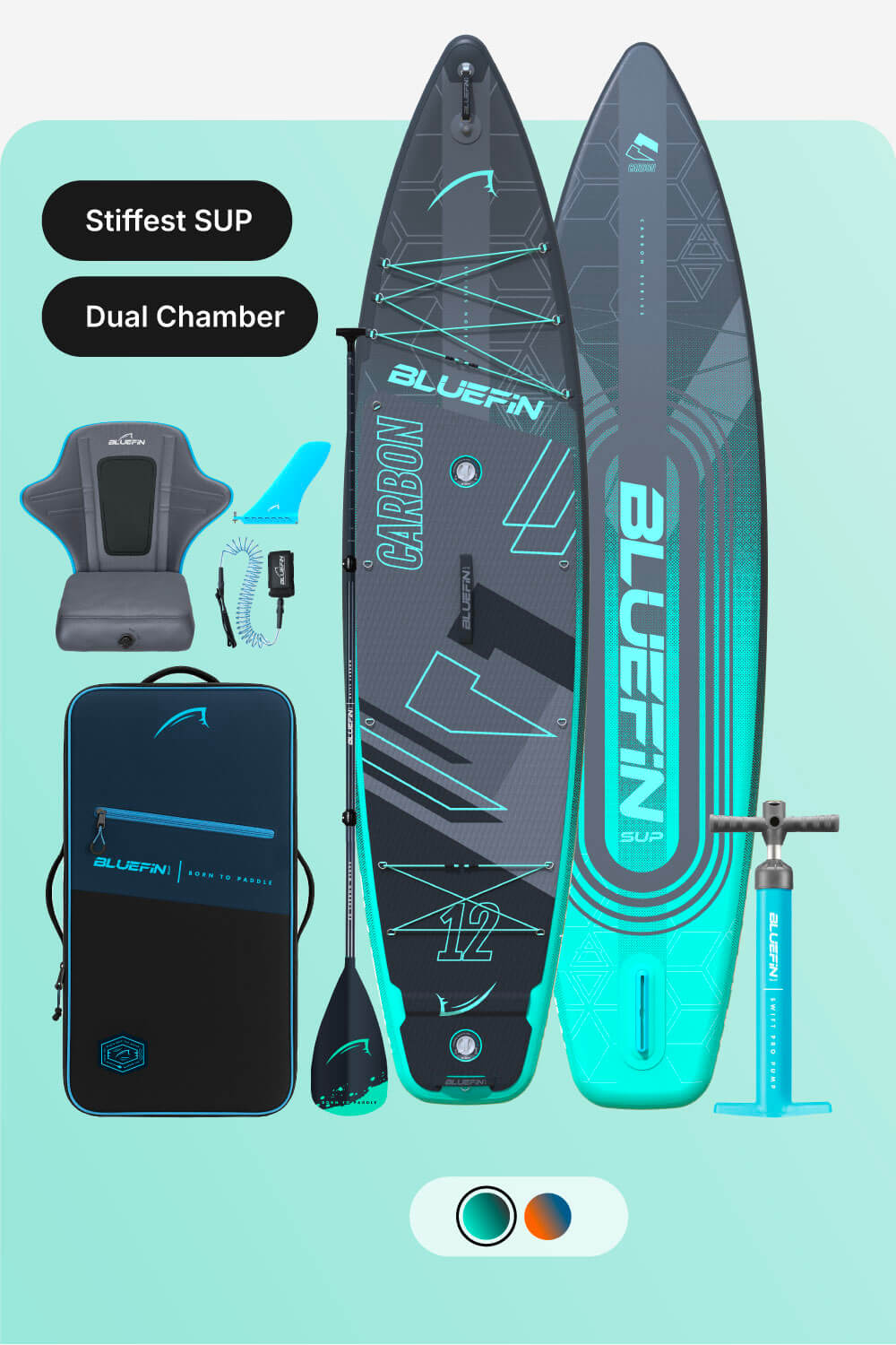 Inflatable paddleboard with dual chamber, paddle, pump, seat, and carrying bag in teal and gray colors.