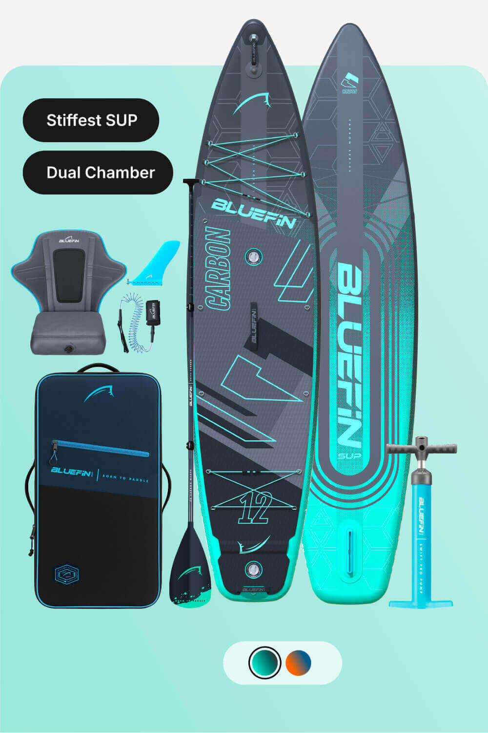 Inflatable paddleboard with dual chamber, paddle, pump, seat, and carrying bag in teal and gray colors.