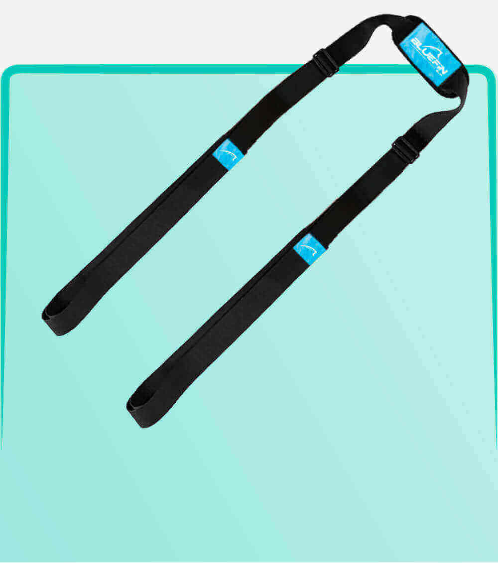 Black carrying straps with blue logo, designed for transporting paddleboards or similar gear.