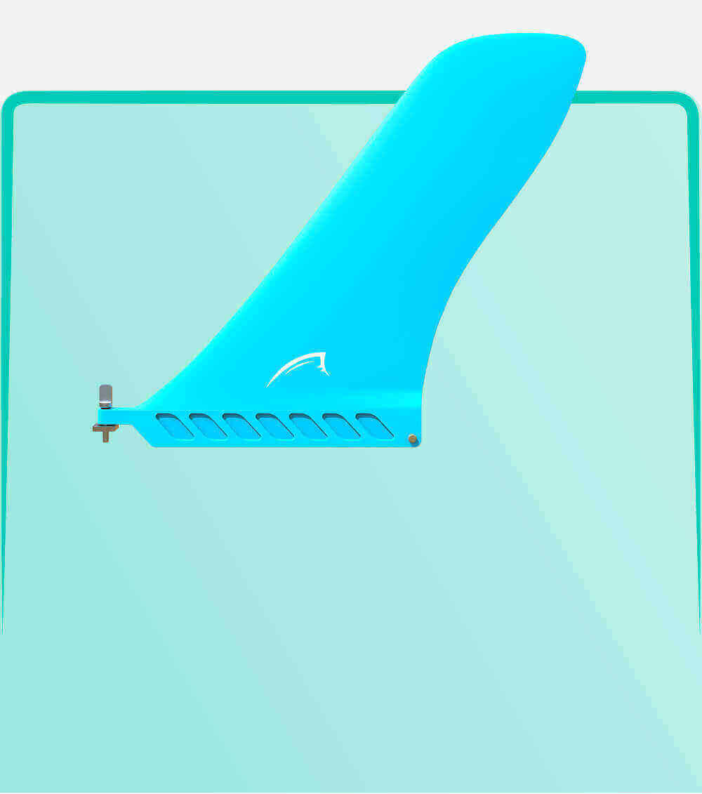 Blue fin for paddleboard with a curved top and slotted base for attachment