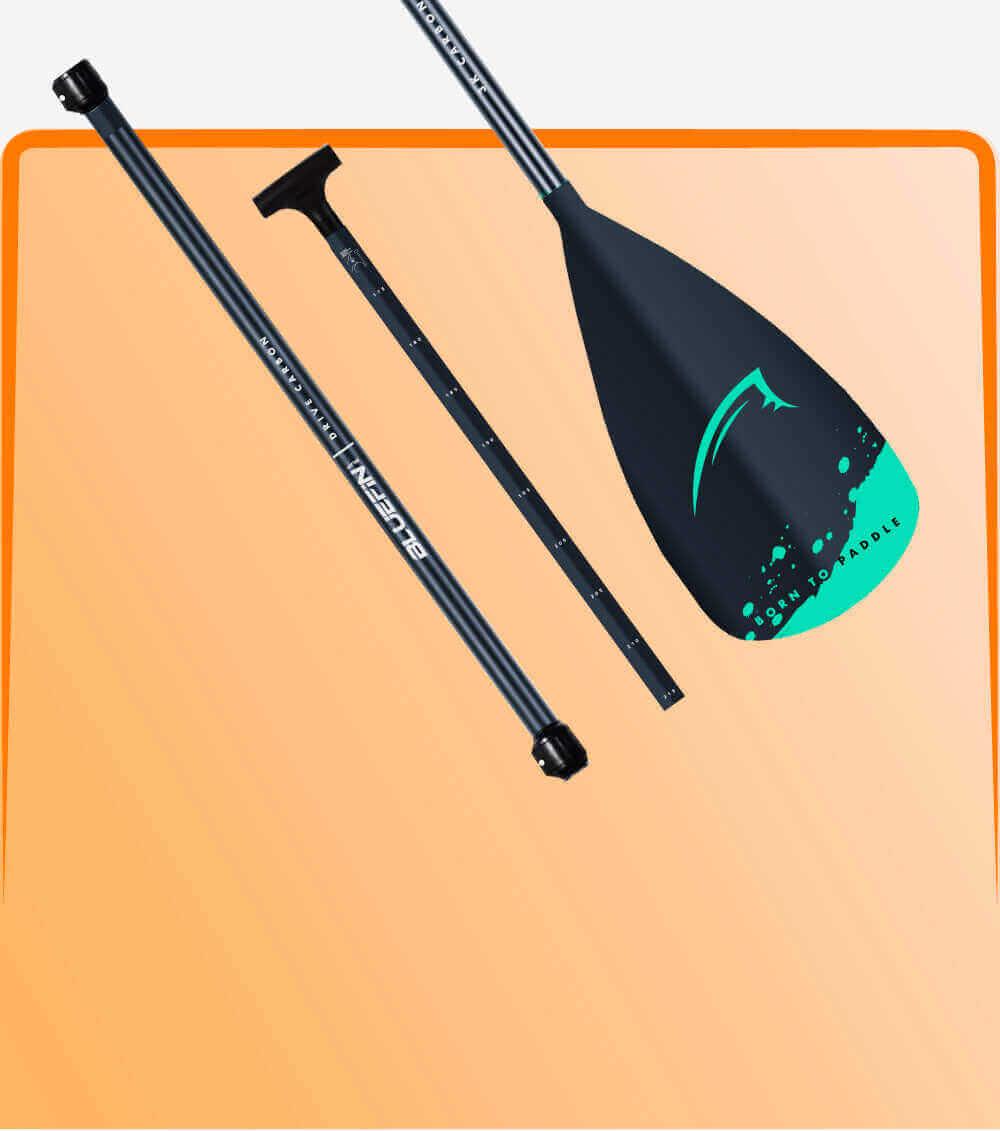 Three-piece paddle with black shaft and teal blade, featuring 'Born to Paddle' text.