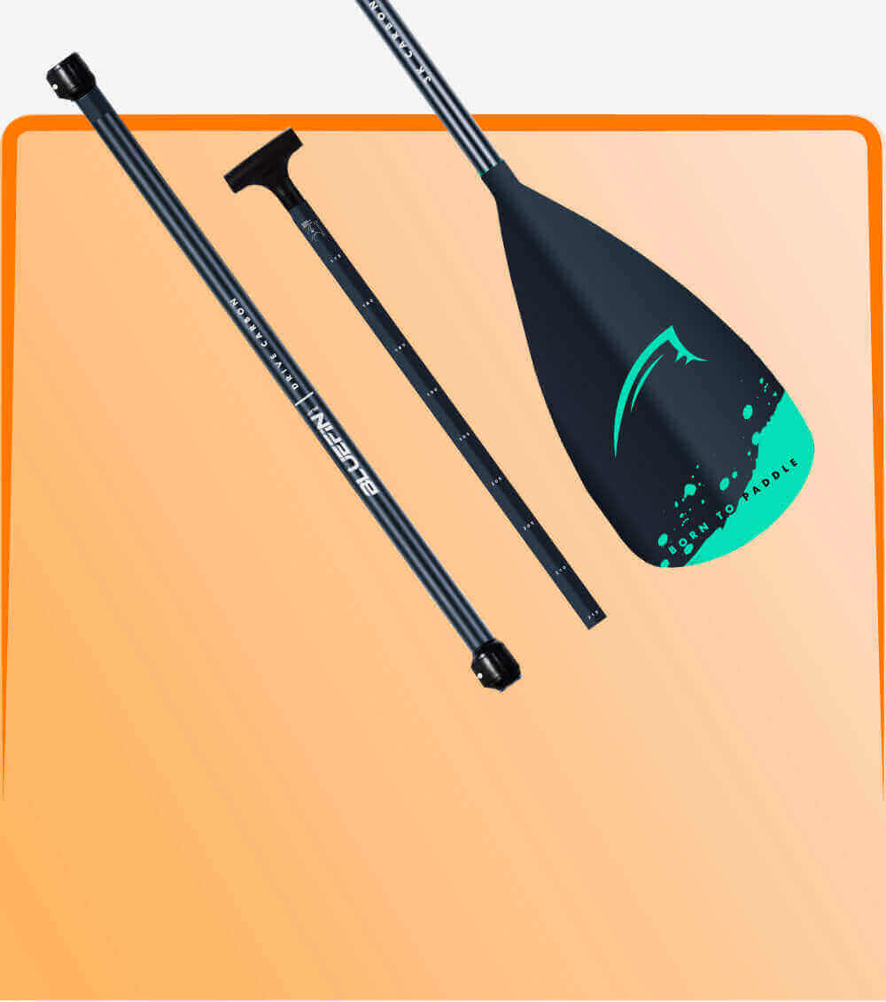 Three-piece paddle with black shaft and teal blade, featuring 'Born to Paddle' text.
