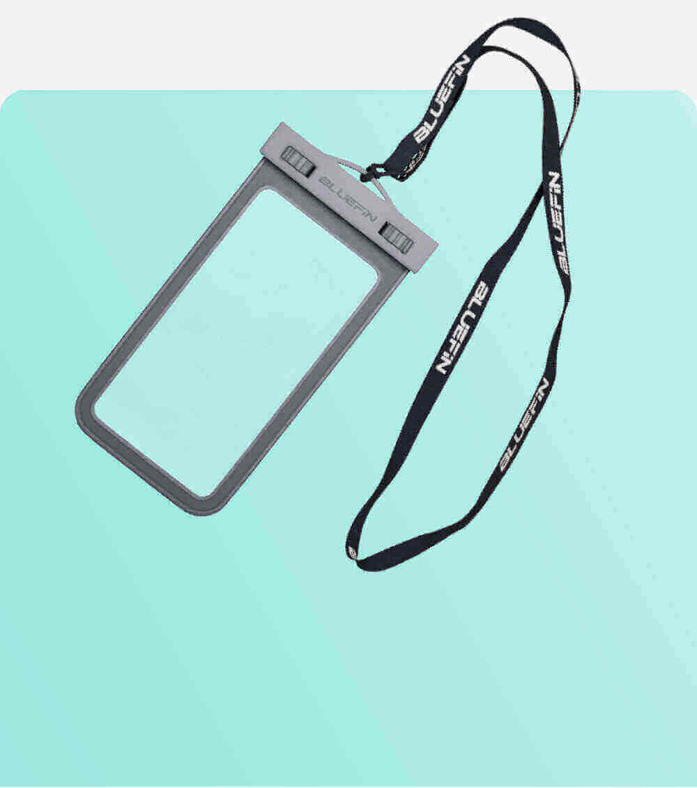 Waterproof phone case with gray frame and adjustable lanyard on a light blue background