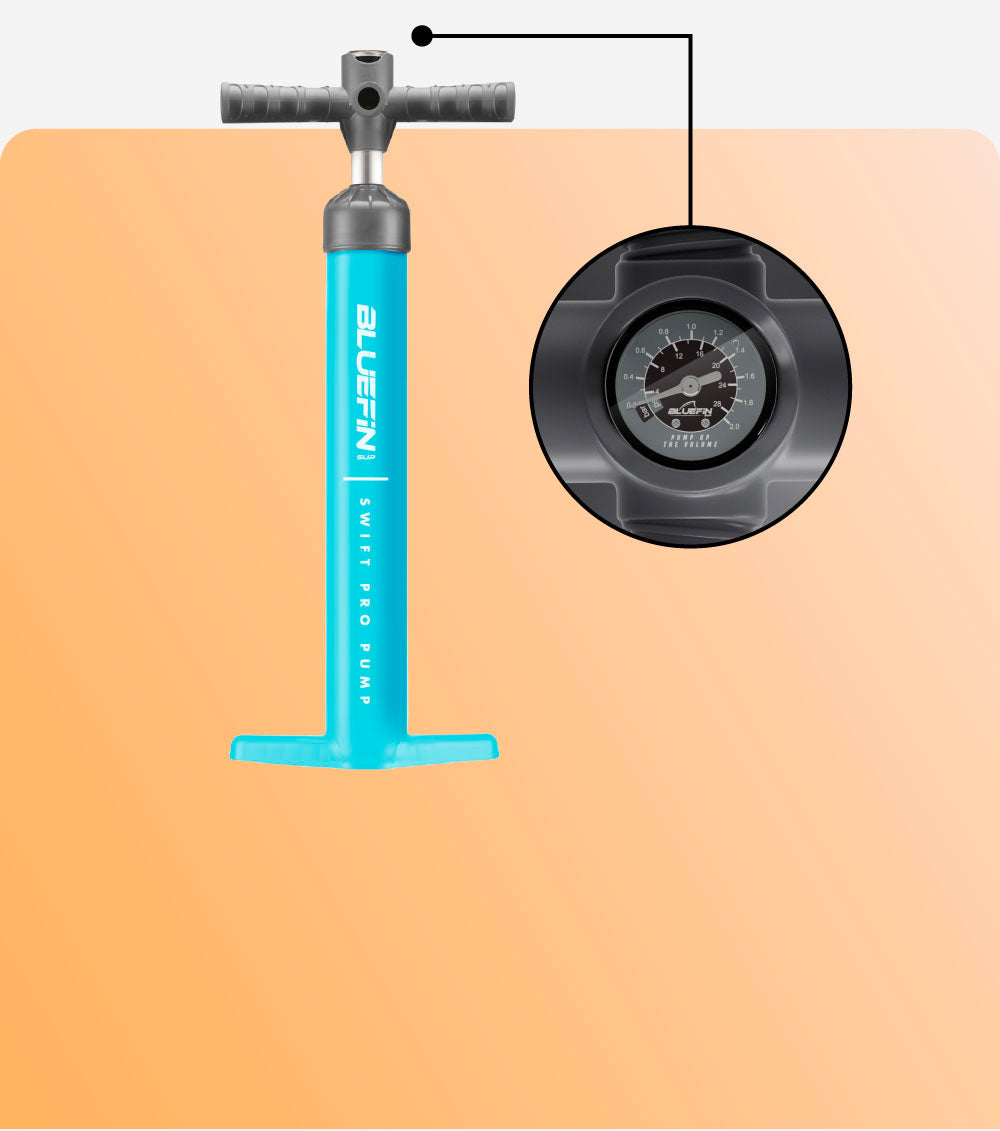Bluefin Swift Pro Pump in turquoise with a pressure gauge on the side for inflation monitoring