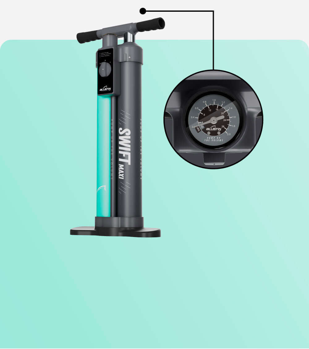 Opblaaspomp met een turquoise en grijs ontwerp, met een drukmeter aan de zijkant.