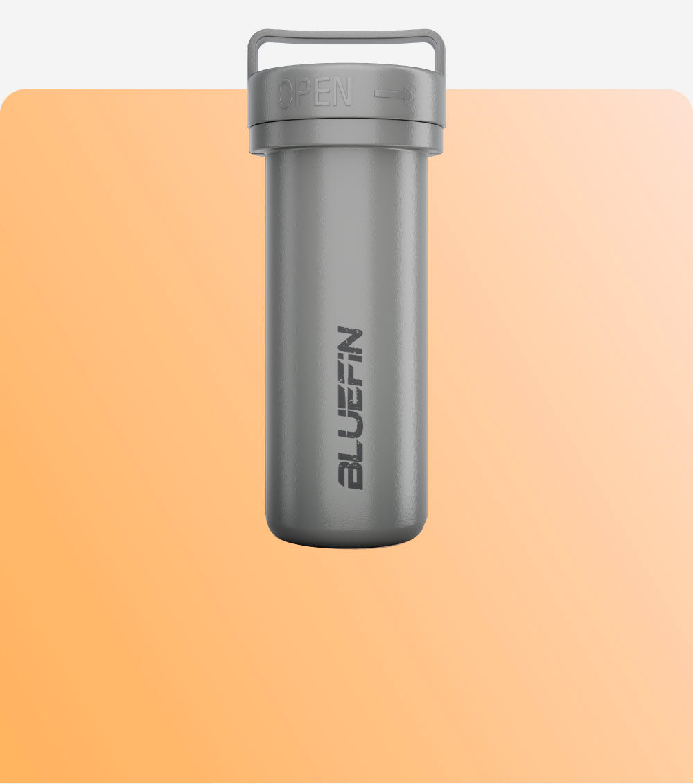Gray water bottle with a flip-top lid labeled 'OPEN' and the word 'BLUEFIN' printed on the side