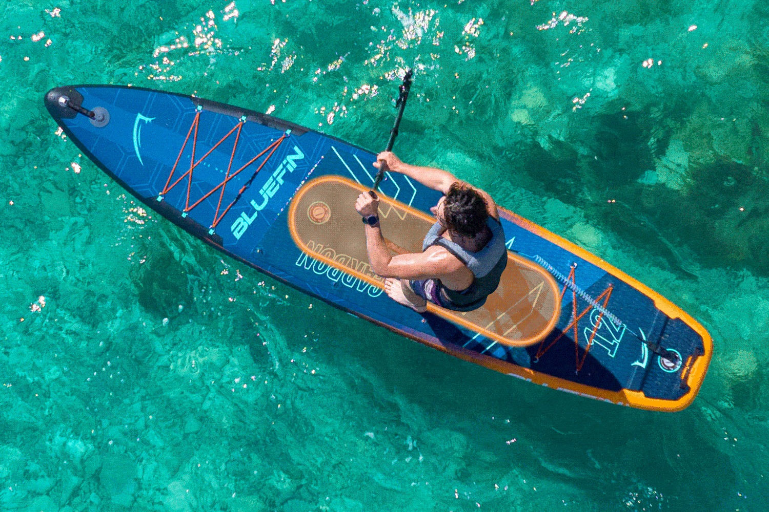 Inflatable paddleboard with textured deck, center fin, and a person paddling in clear water