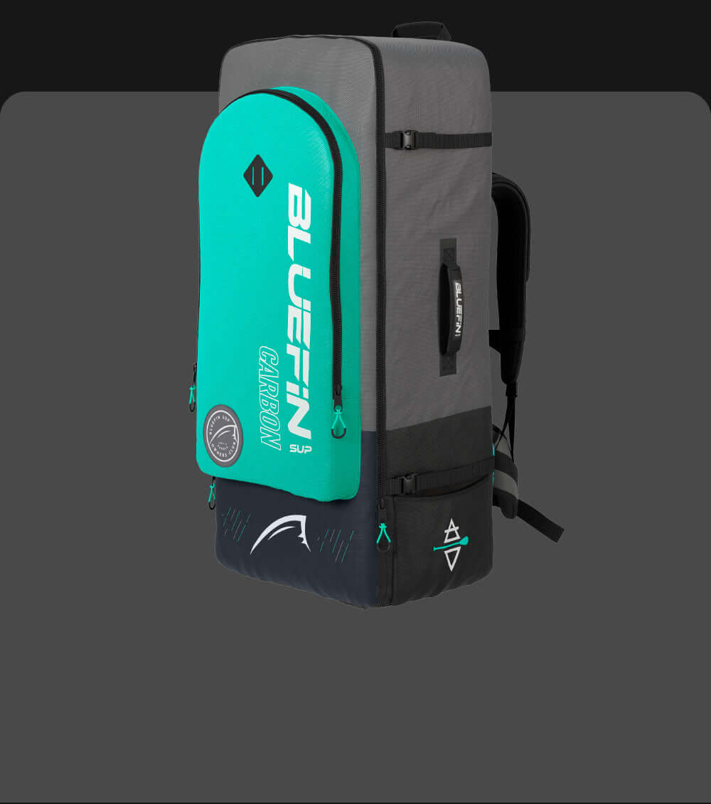 Gray and teal backpack with front pocket, logo, and adjustable straps for carrying gear