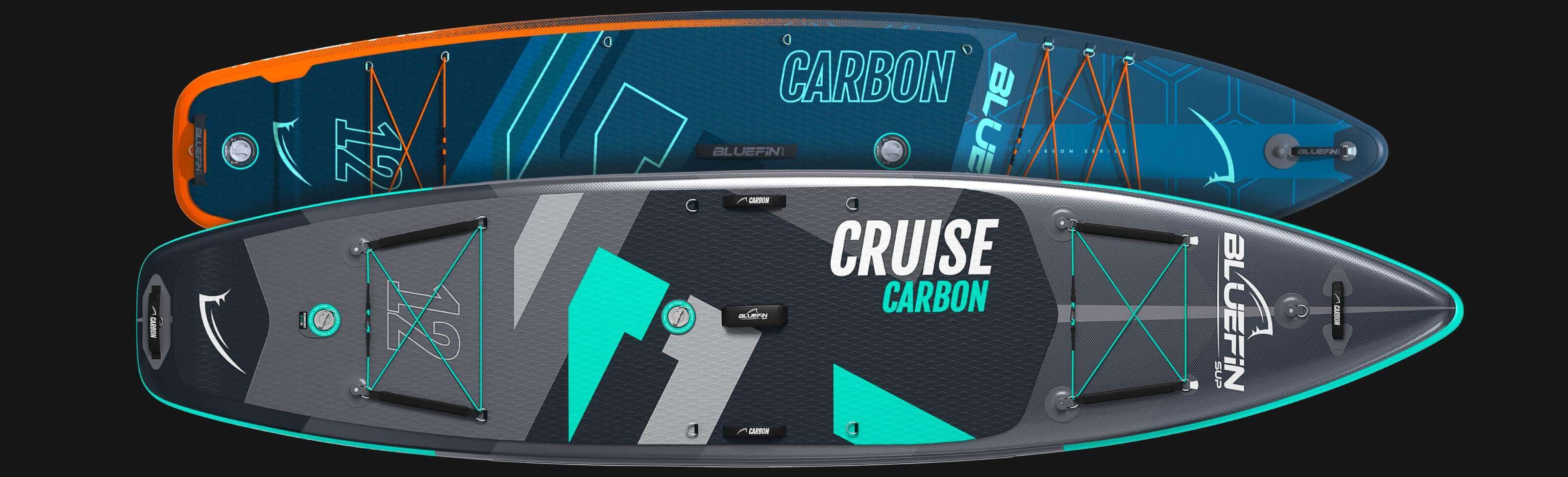 Two inflatable paddleboards, one with orange accents and the other in gray and teal, showcasing deck pads and valves.