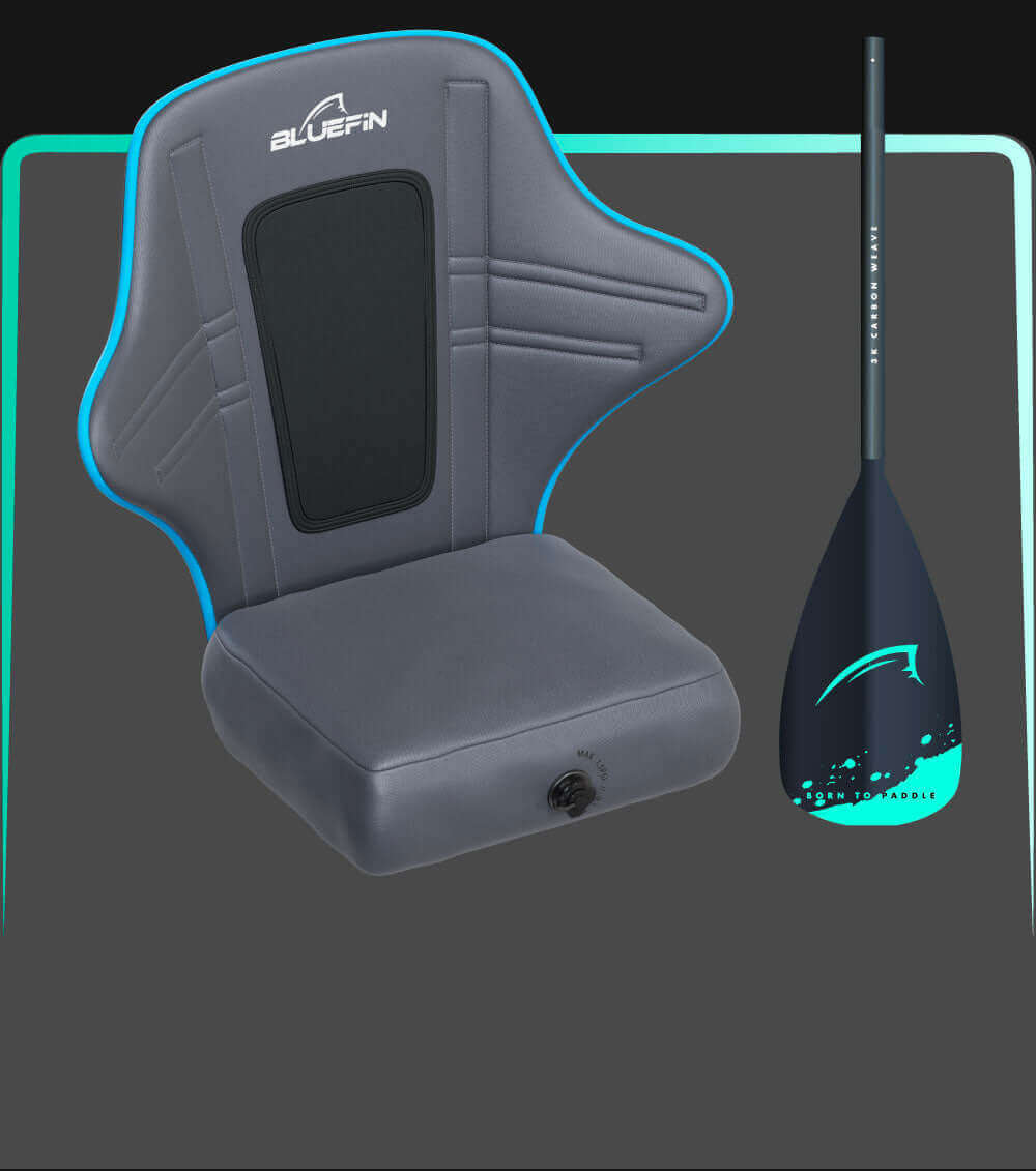 Gray inflatable seat with blue accents and a black backrest, next to a black paddle with blue design.