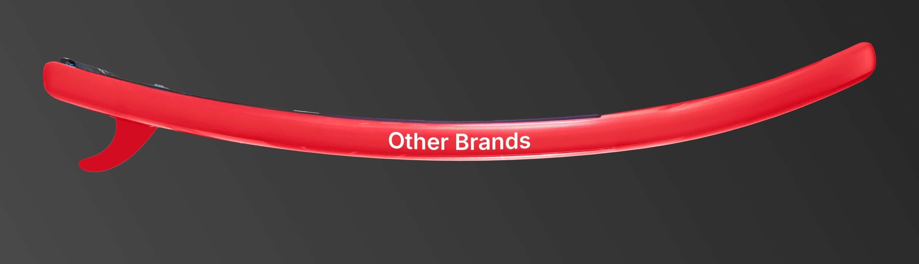 Red paddleboard with a curved shape and a fin, labeled 'Other Brands' along the side