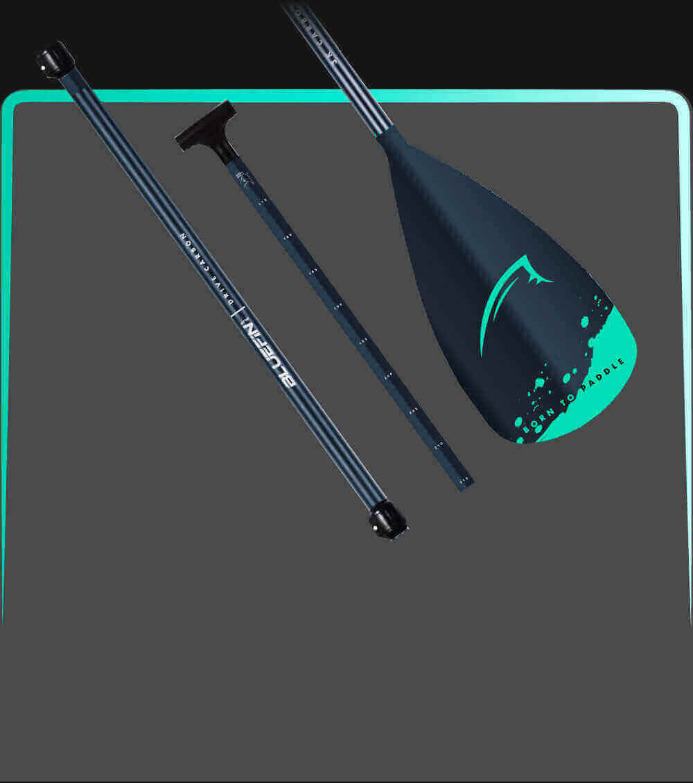 Three-piece paddle with a black shaft, teal blade, and adjustable length for paddleboarding.