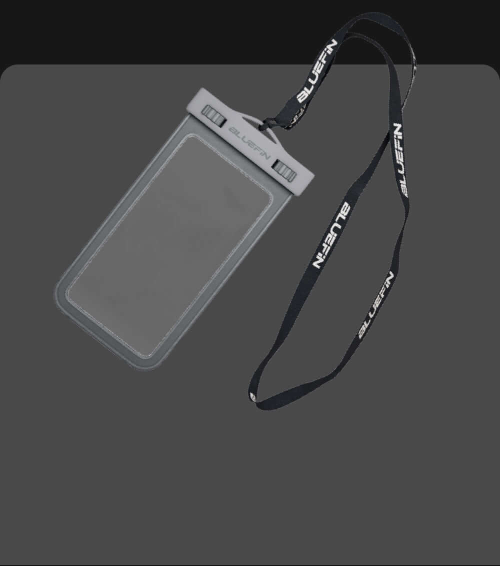 Clear waterproof phone pouch with a black lanyard featuring the Bluefin logo