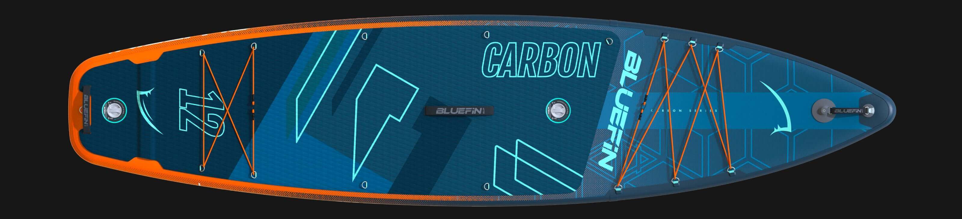 Inflatable paddleboard with blue and orange design, textured deck, center fin, and bungee storage.