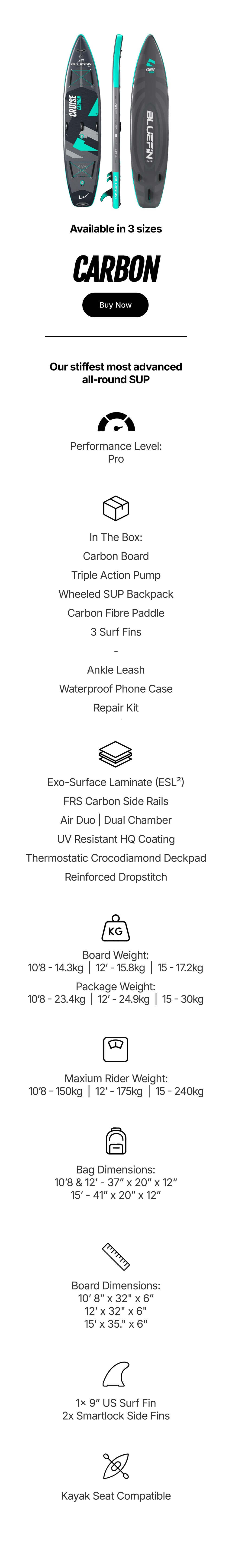 Inflatable carbon paddleboard with textured deck pad, fins, and specifications for size and weight.