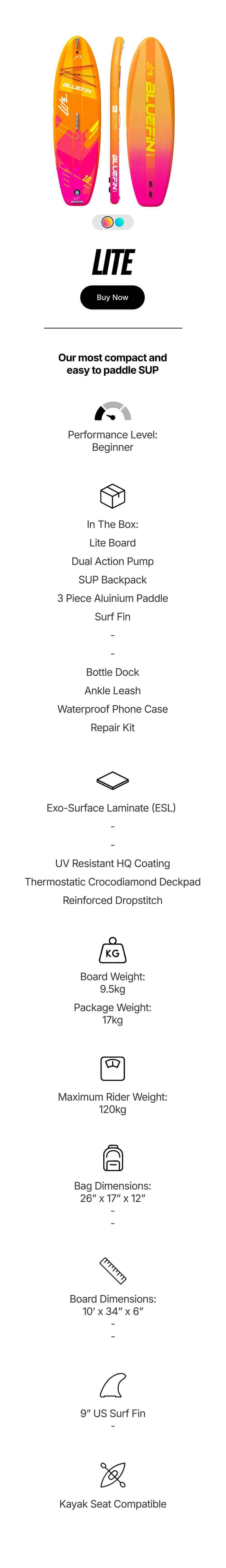 Inflatable paddleboard in orange and pink with textured deck pad and center fin for beginners