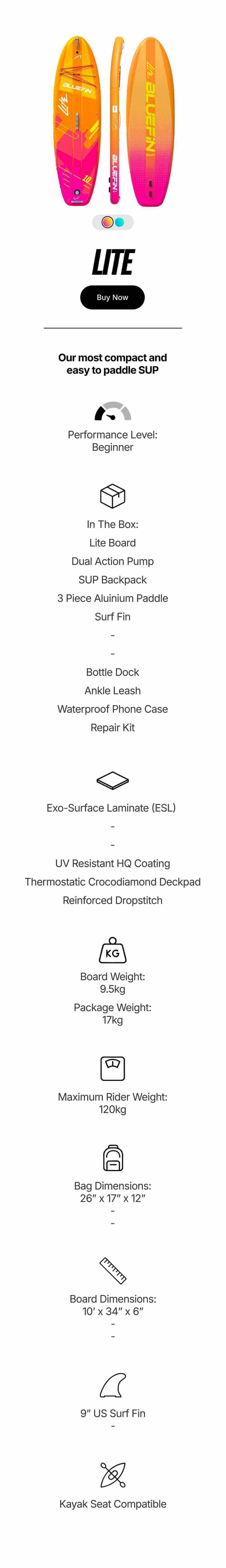 Inflatable paddleboard in orange and pink with textured deck pad and center fin for beginners