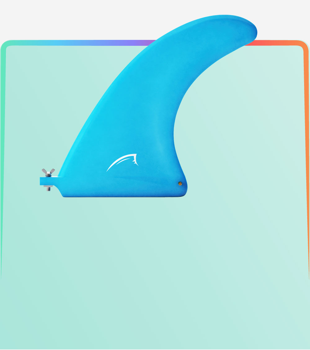 Blue surfboard fin with a logo, mounted on a light green background.