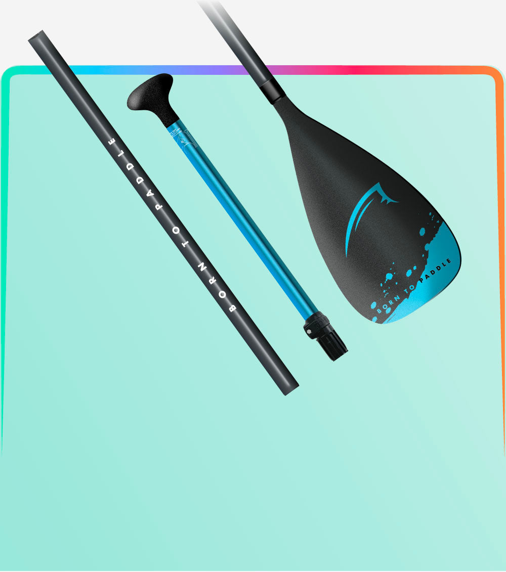Three-piece paddle with black shaft, blue center, and black blade featuring logo and text