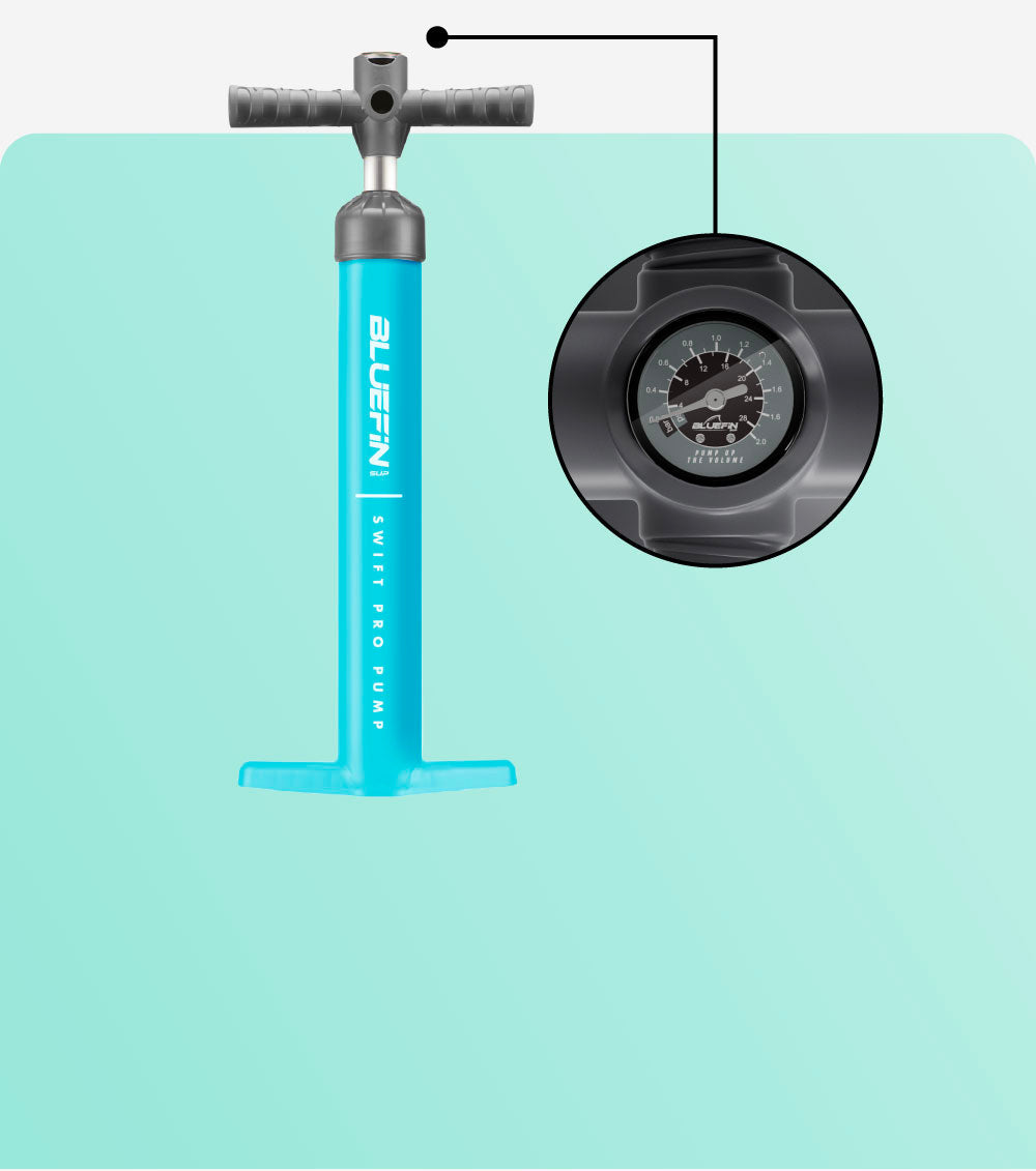Bluefin SUP Swift Pro Pump in blue with a pressure gauge on the side for inflation monitoring