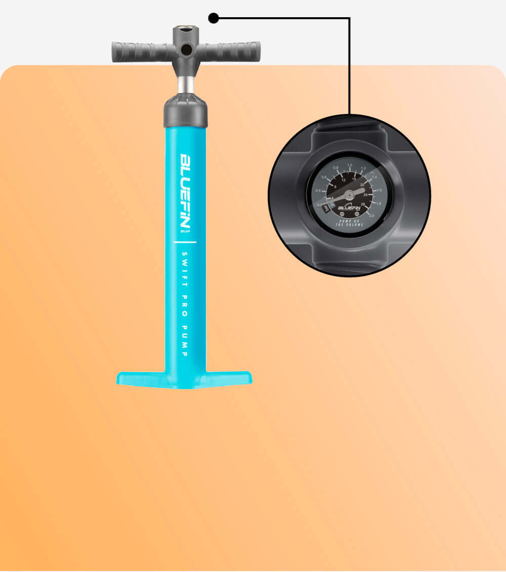 Bluefin Swift Pro Pump in turquoise with a pressure gauge on the side for inflating paddleboards.