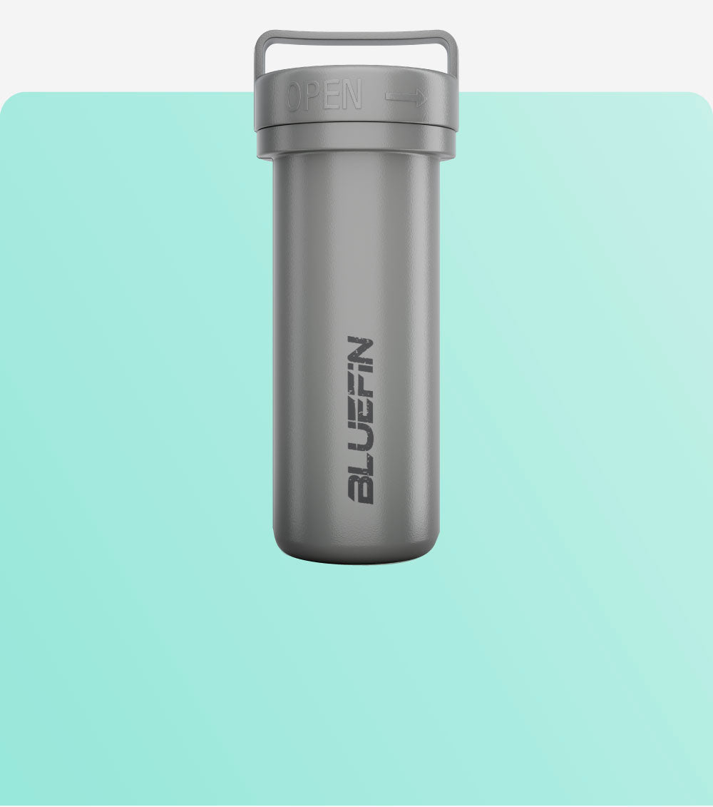 Gray water bottle with an open lid and BLUEFIN logo on a light teal background