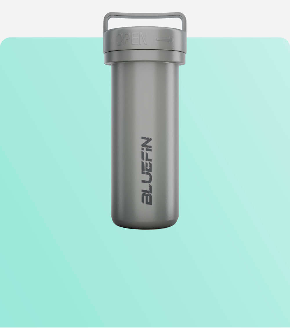 Gray water bottle with an open lid and BLUEFIN logo on a light teal background