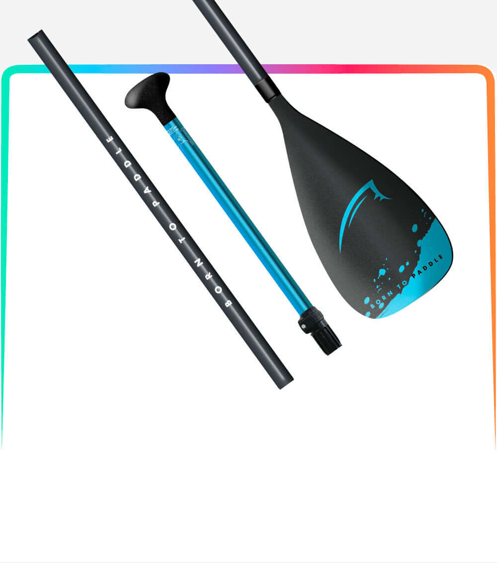 Three-piece paddle with black shaft, blue center, and black blade featuring a logo.