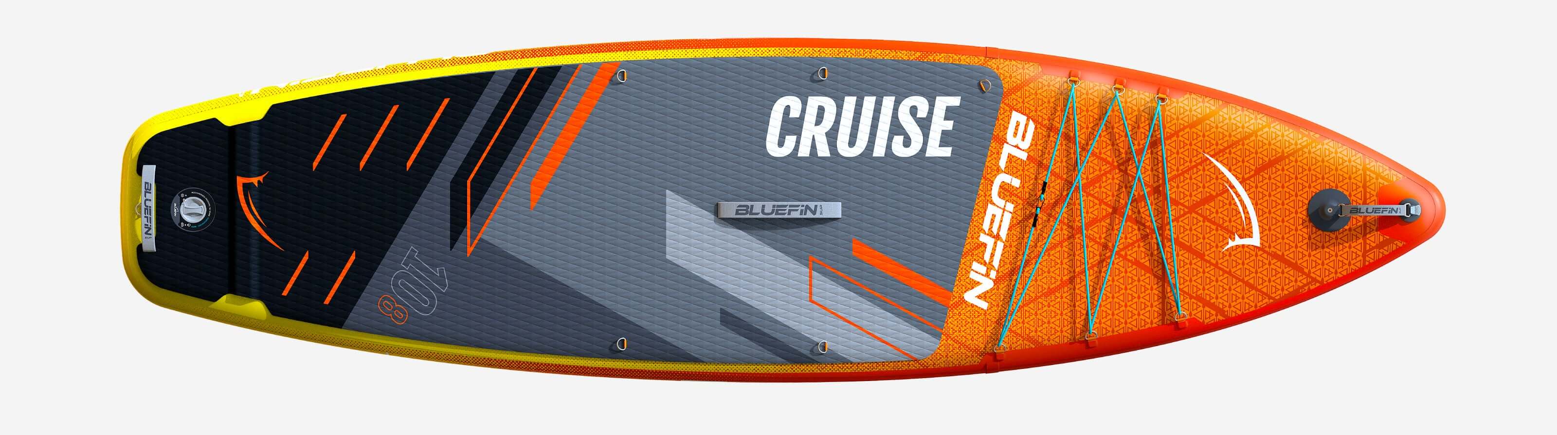 Inflatable paddleboard with textured deck, center fin, and bright orange-yellow design for stability