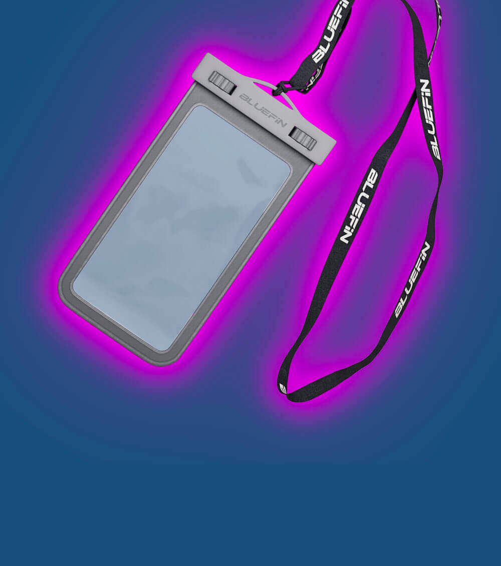 Waterproof phone pouch with lanyard, clear front, gray edges, and Bluefin branding.