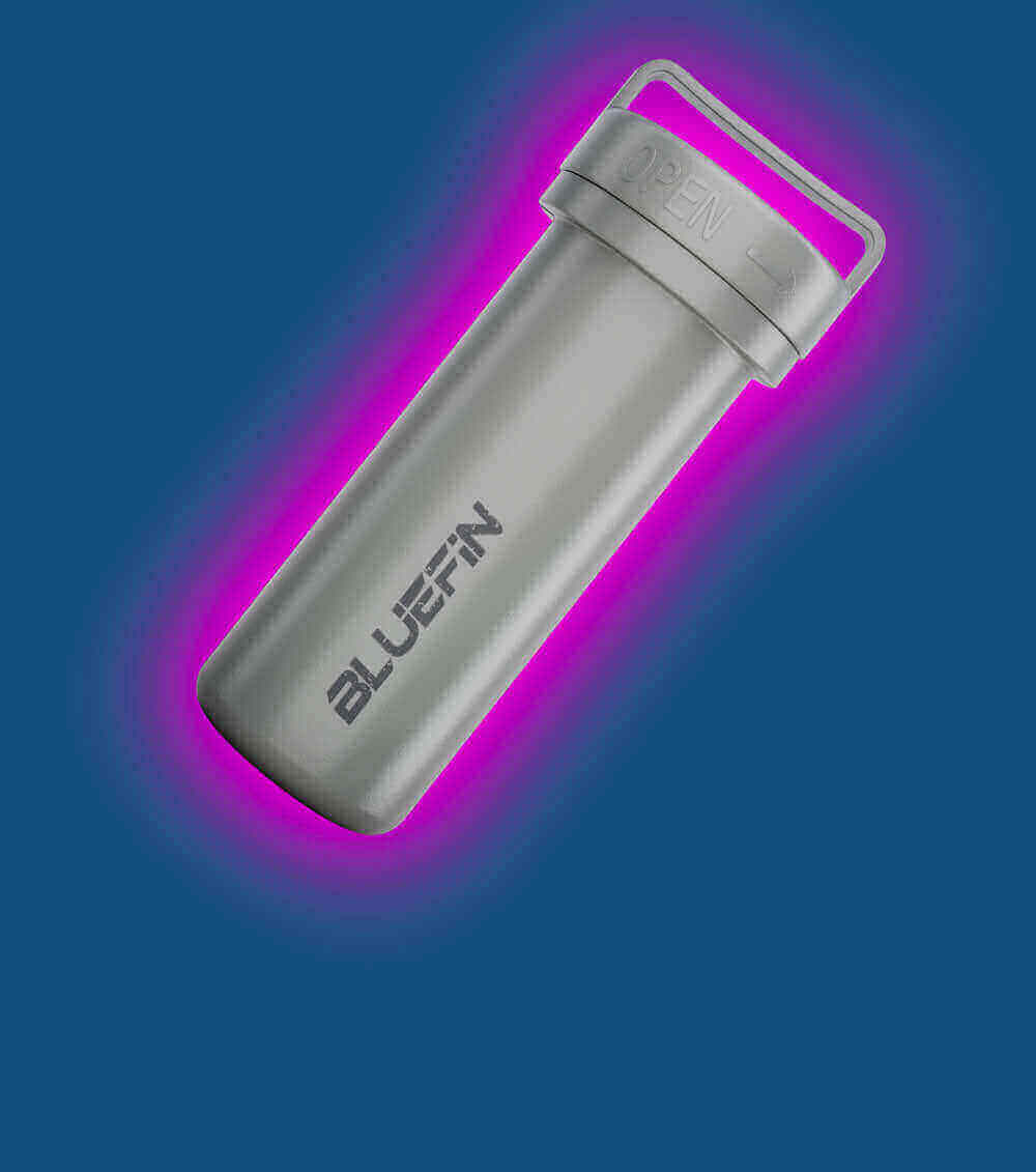 Gray waterproof container with a lid labeled 'OPEN' and Bluefin logo, glowing pink background