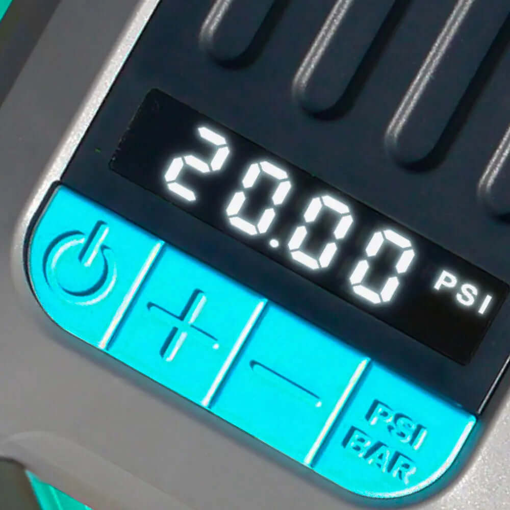 Digitale drukmeter die 20.00 PSI weergeeft met bedieningsknoppen in turquoise en grijs.