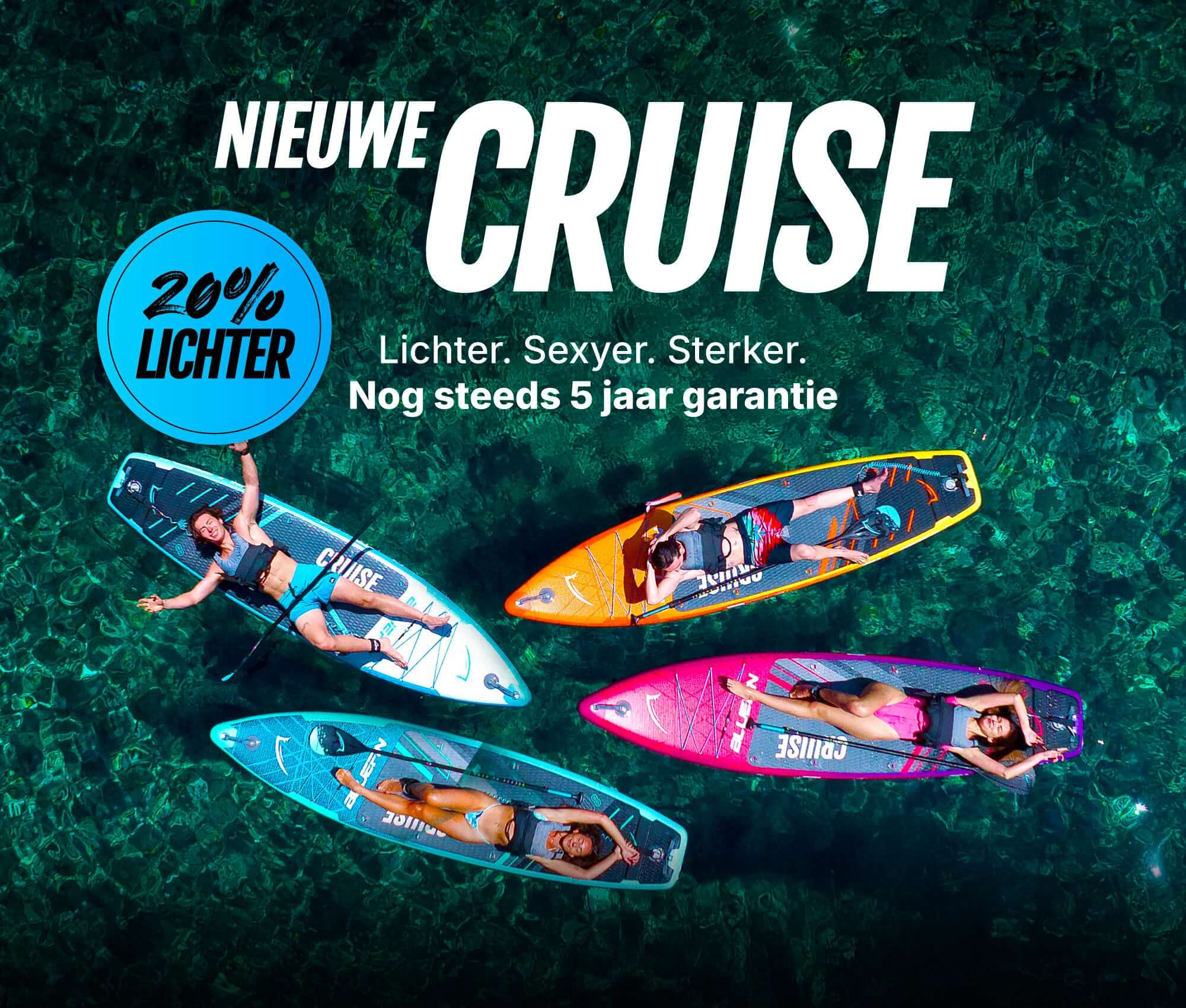 Four inflatable paddleboards in bright colors on clear water, with people relaxing on them.