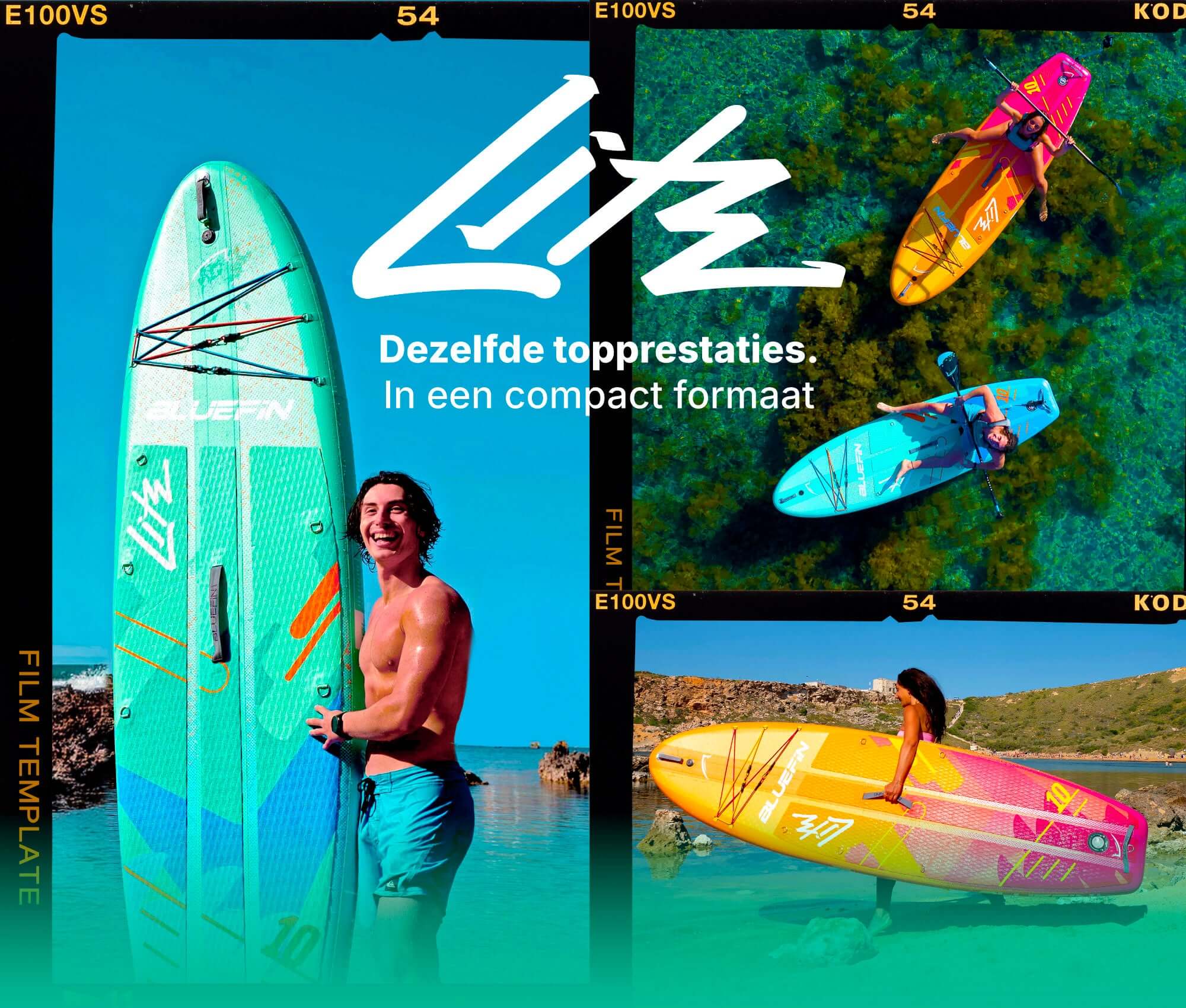 Three inflatable paddleboards in vibrant colors, with people paddling and posing on the beach.