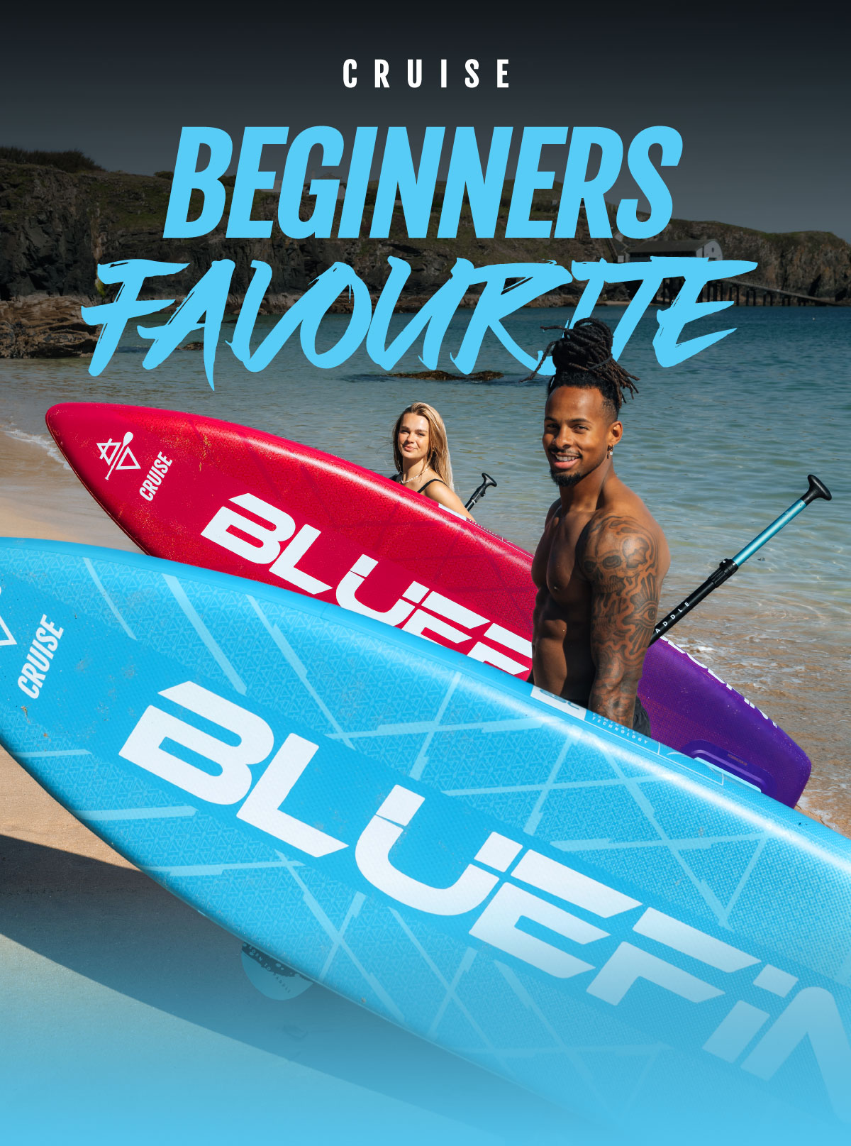 Two paddleboards in blue and red with the text 'Beginners Favourite' on a beach setting