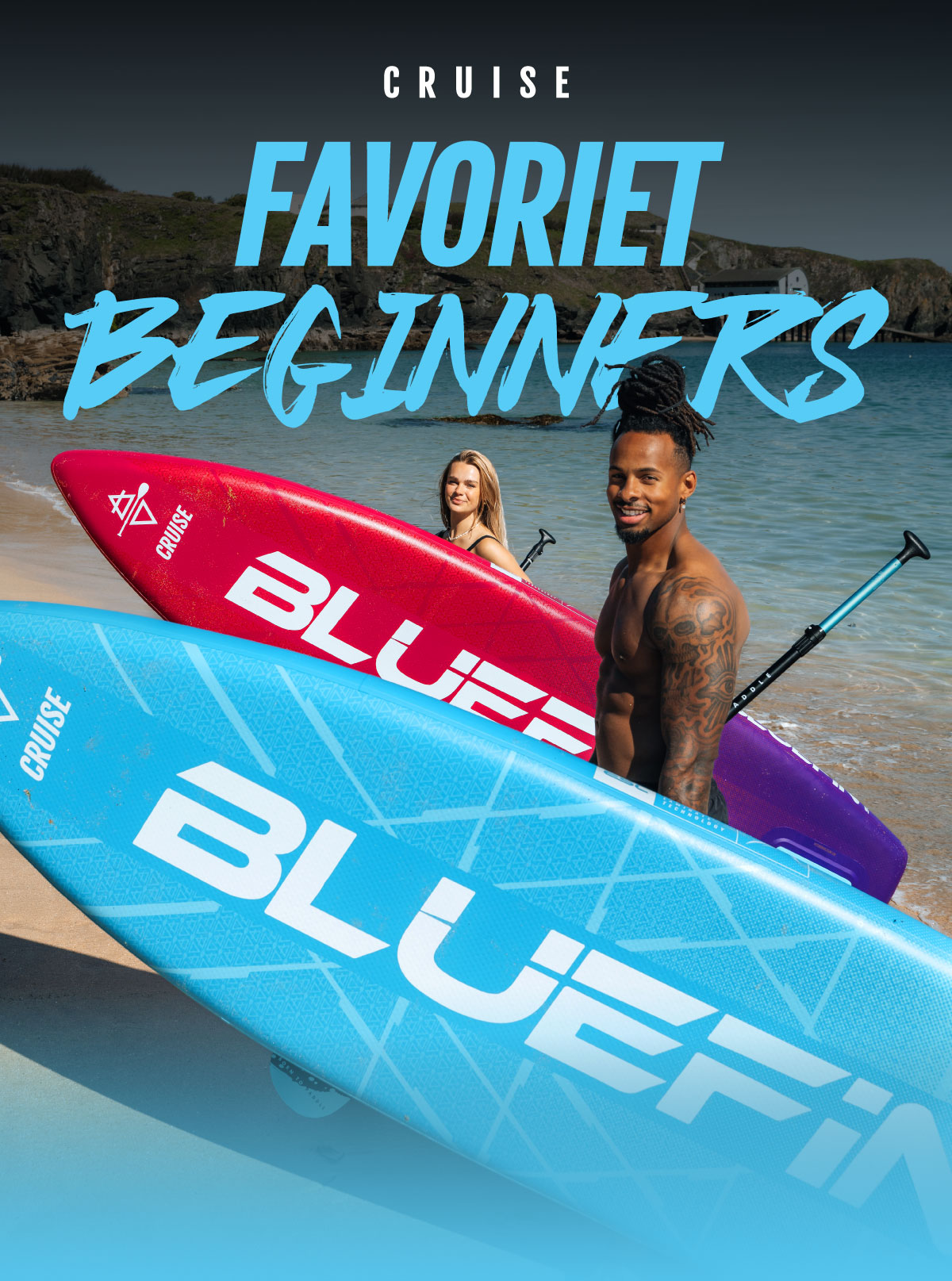 Two inflatable paddleboards in blue and red, with two people on a beach, one holding a paddle.