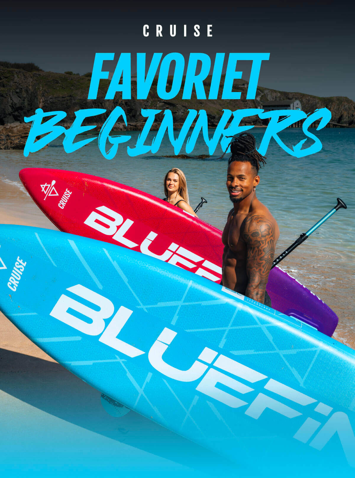 Two inflatable paddleboards in blue and red, with two people on a beach, one holding a paddle.