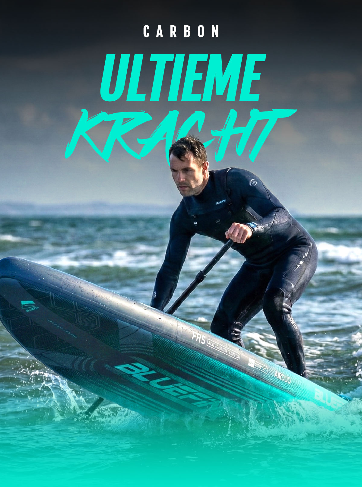 Man in wetsuit paddling a Bluefin inflatable paddleboard on ocean waves