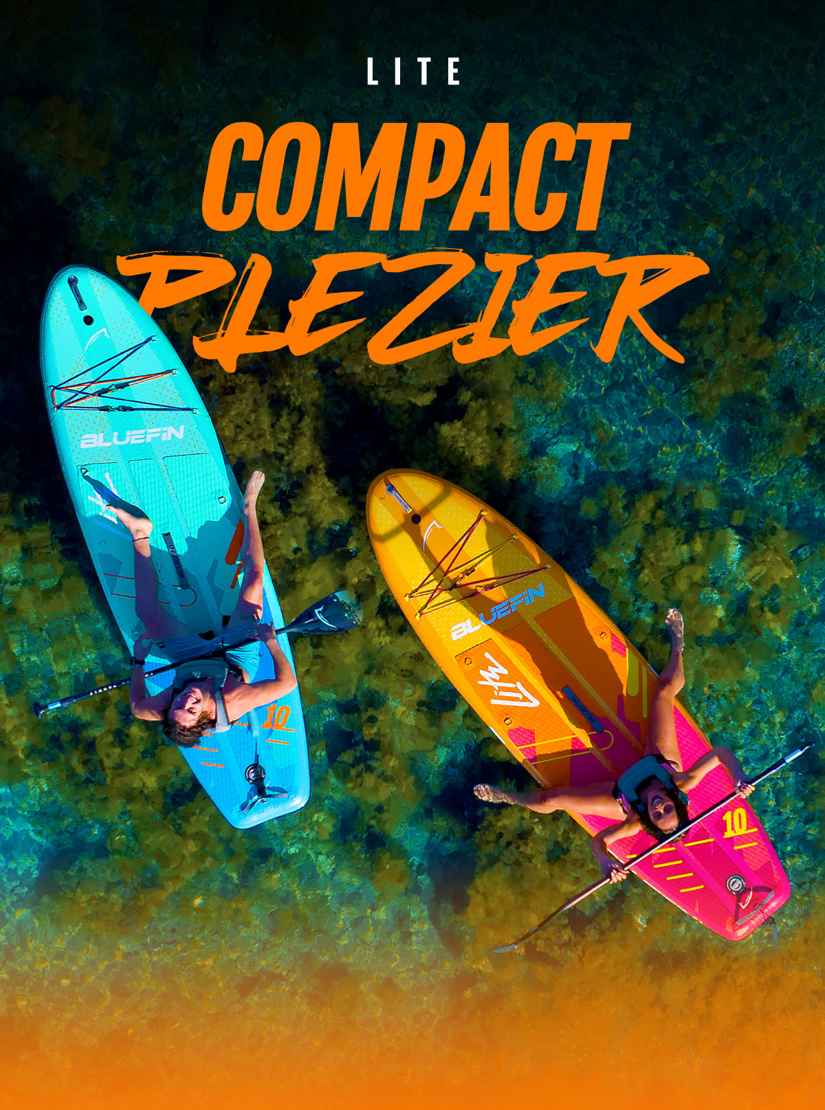 Two inflatable paddleboards in blue and orange colors with paddlers lying on them in clear water