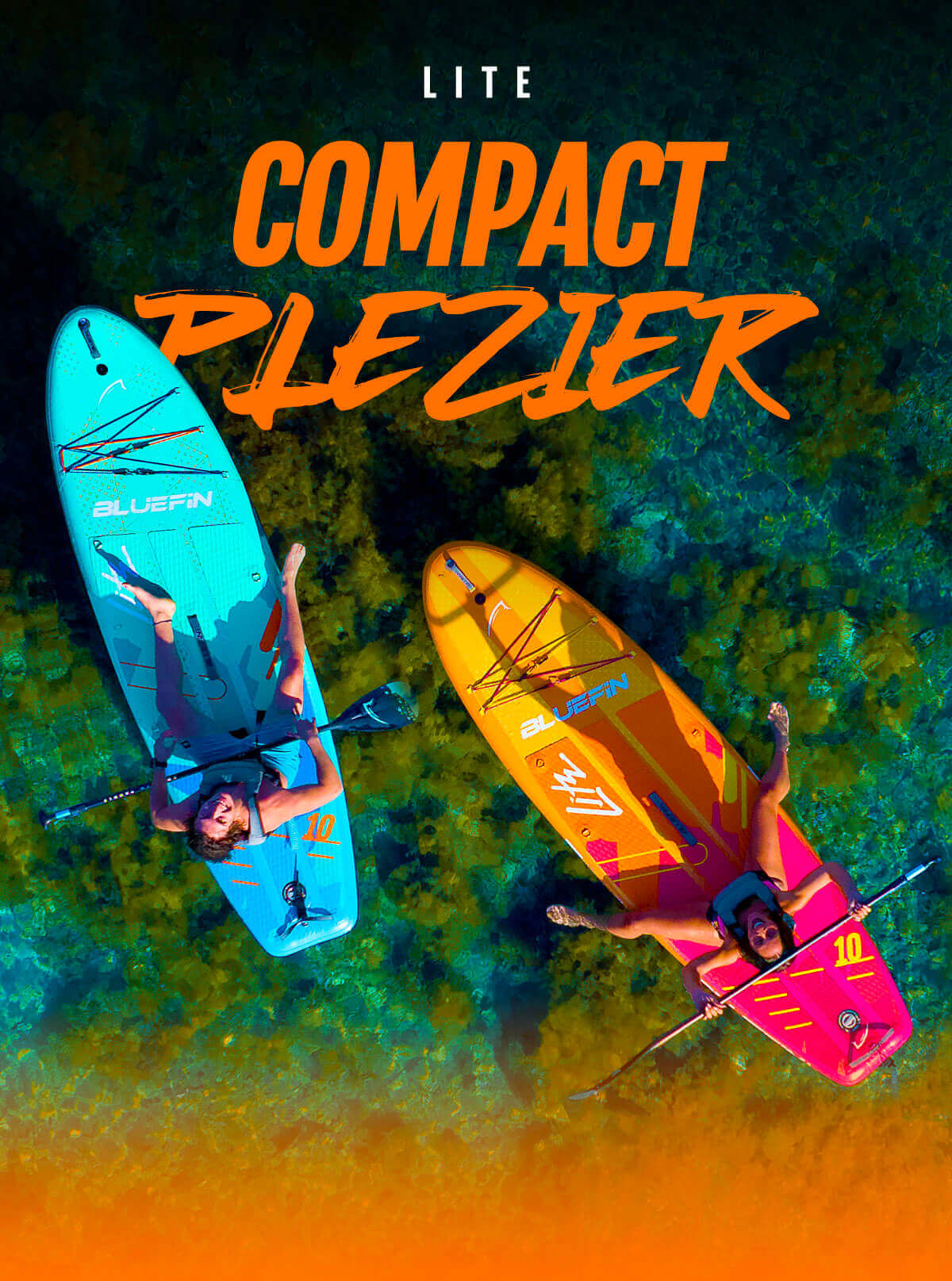 Two inflatable paddleboards in blue and orange colors with paddlers lying on them in clear water