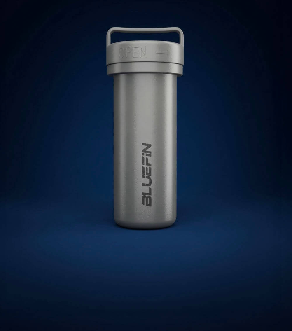 Silver cylindrical container with a lid labeled 'OPEN' and 'BLUEFIN' branding.