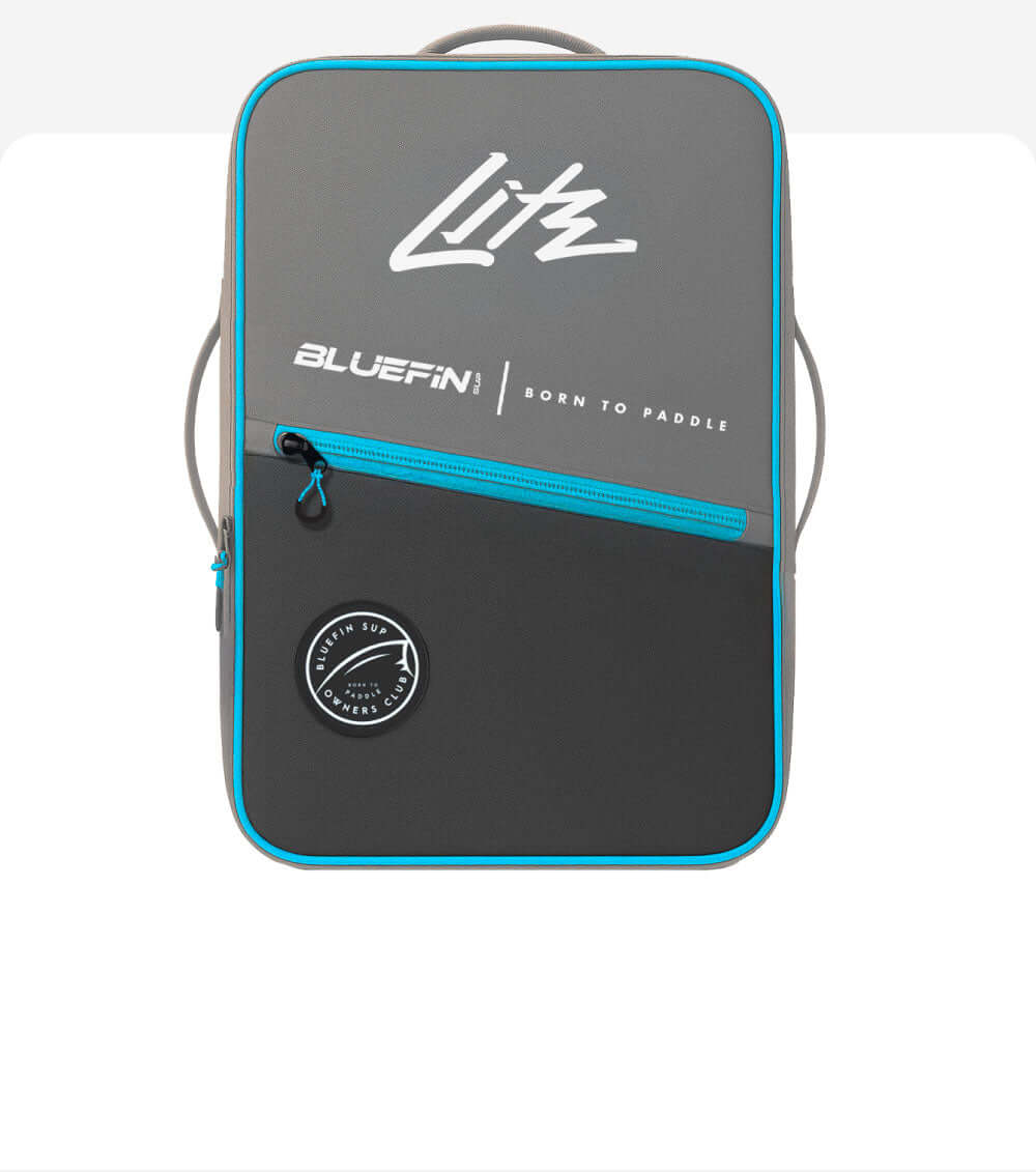 Gray backpack with blue accents, featuring Bluefin logo and zippered pocket on front.