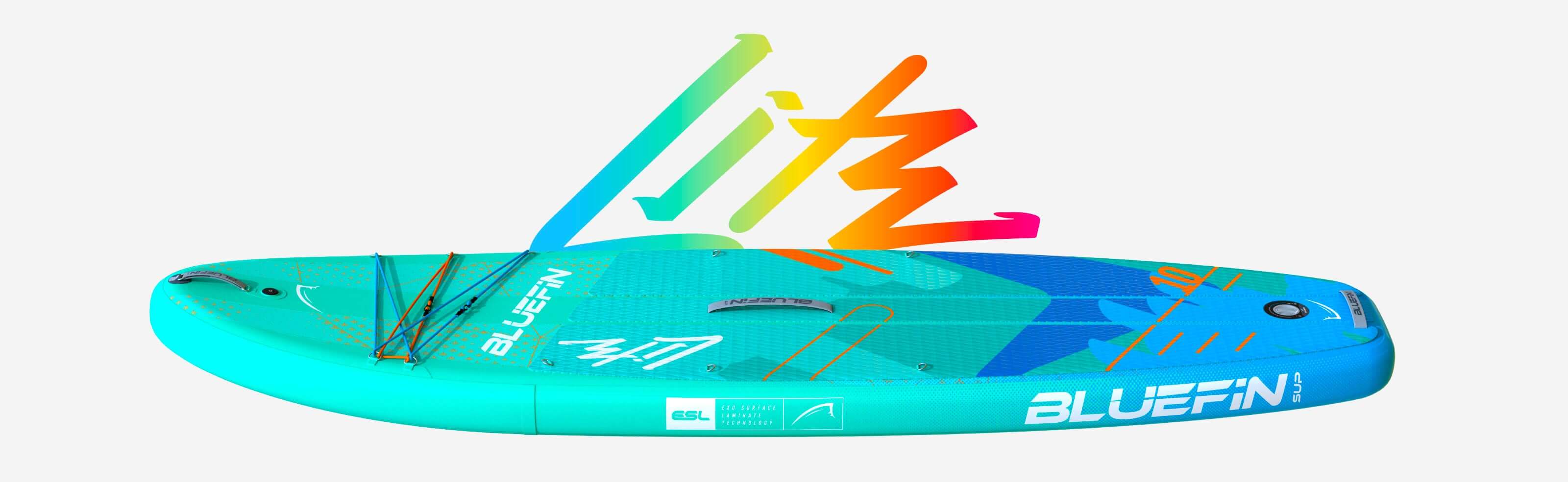 Inflatable paddleboard in teal with textured deck, center fin, and colorful design elements