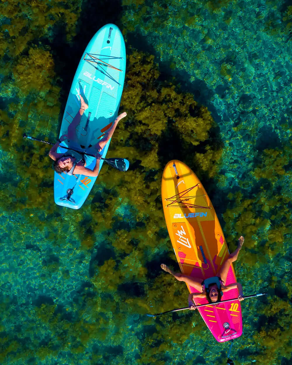 Two paddleboarders on colorful boards above clear water with seaweed, one in blue and one in orange/pink.