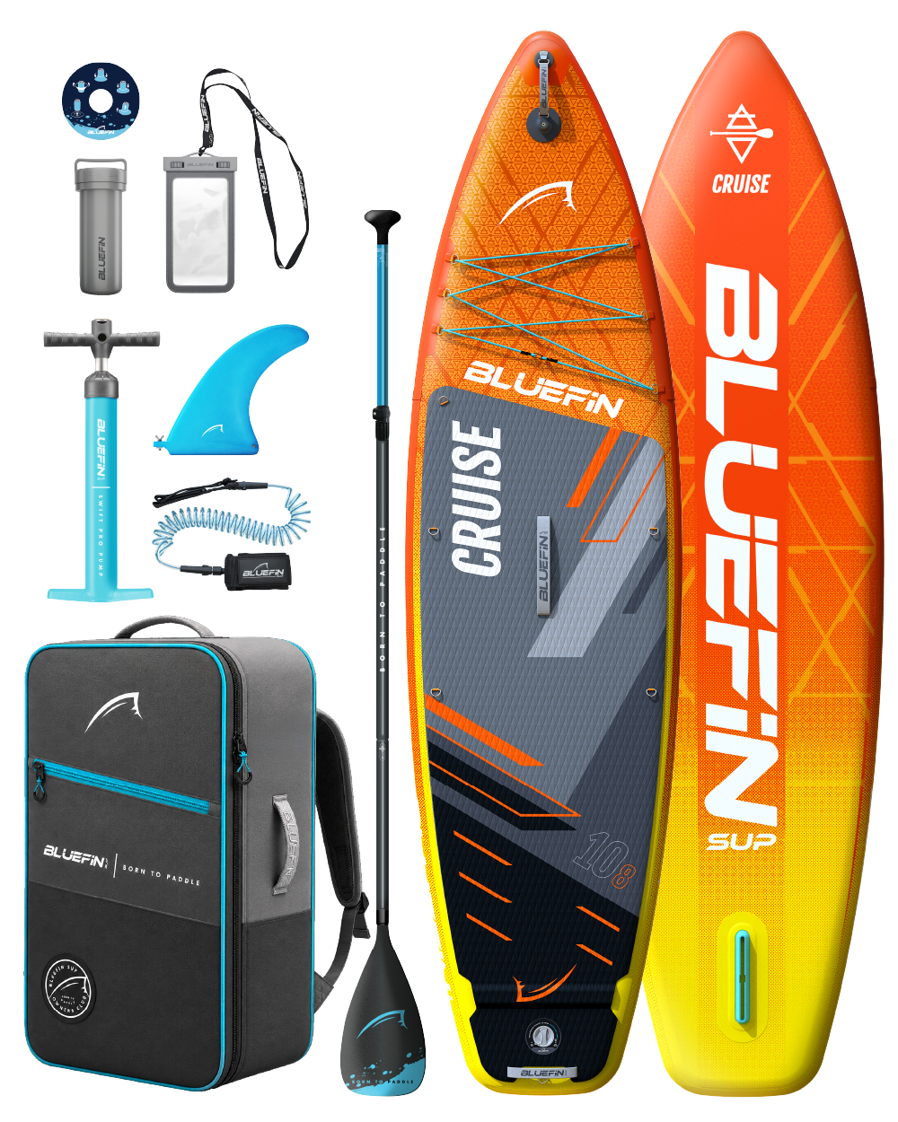 Inflatable Bluefin SUP paddleboard with accessories including a pump, paddle, fin, and backpack.
