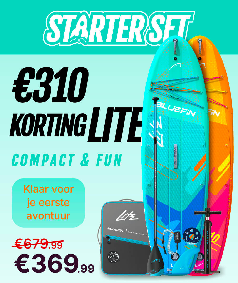 Inflatable paddleboard set with two boards, paddle, pump, and carrying bag in vibrant colors