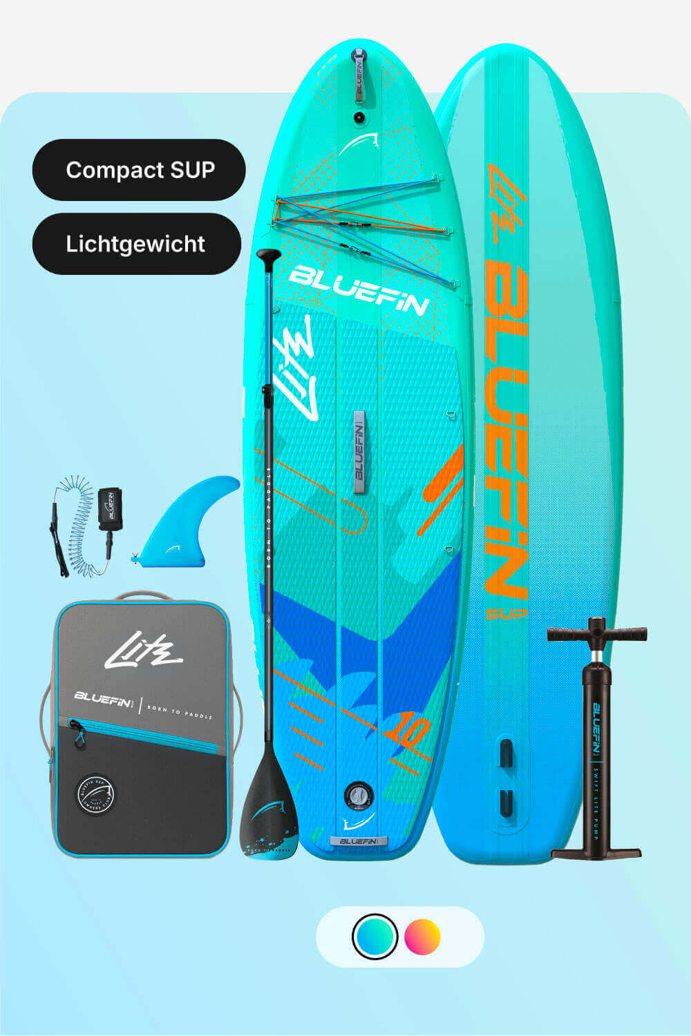 Inflatable paddleboard in turquoise with paddle, fin, pump, and carrying bag for easy transport