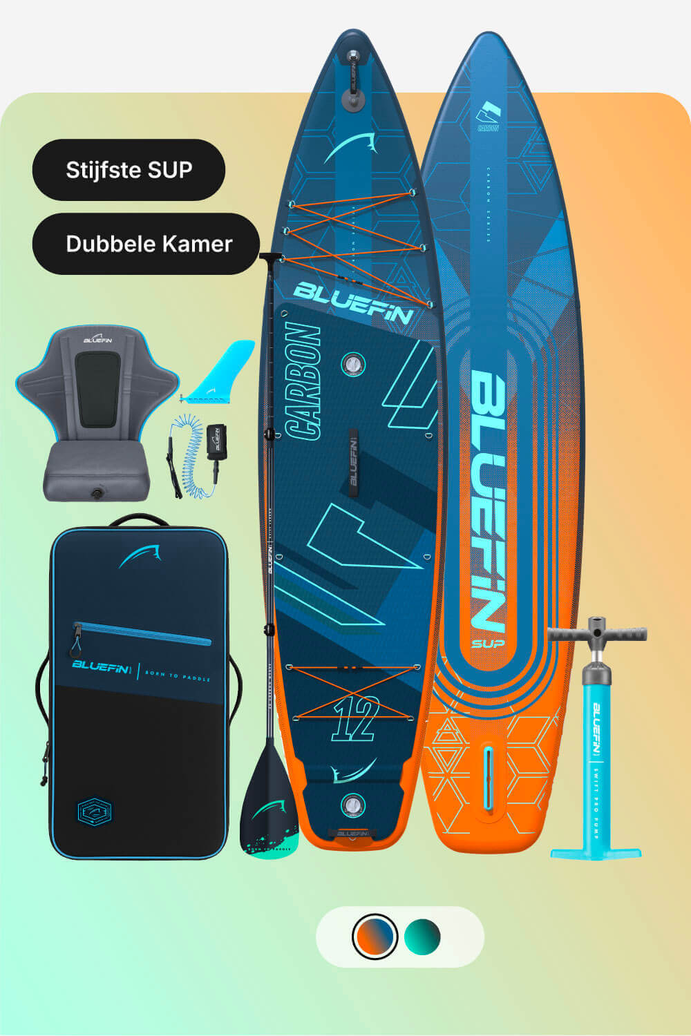 Two inflatable paddleboards in blue and orange, with a seat, paddle, pump, and carrying bag.