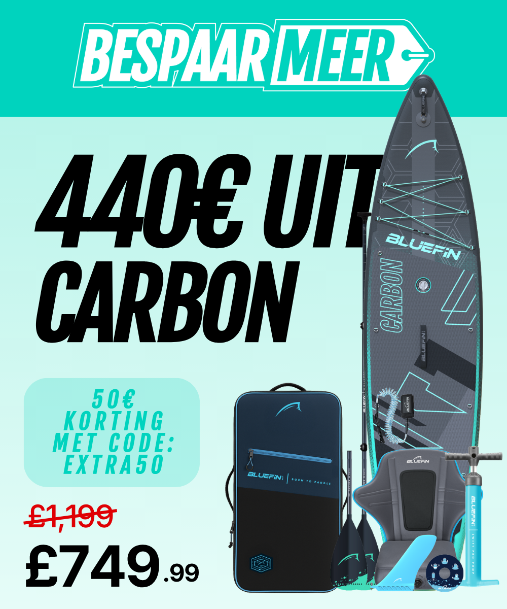 Inflatable carbon paddleboard with paddle, pump, and backpack, priced at £749.99 with discount details.