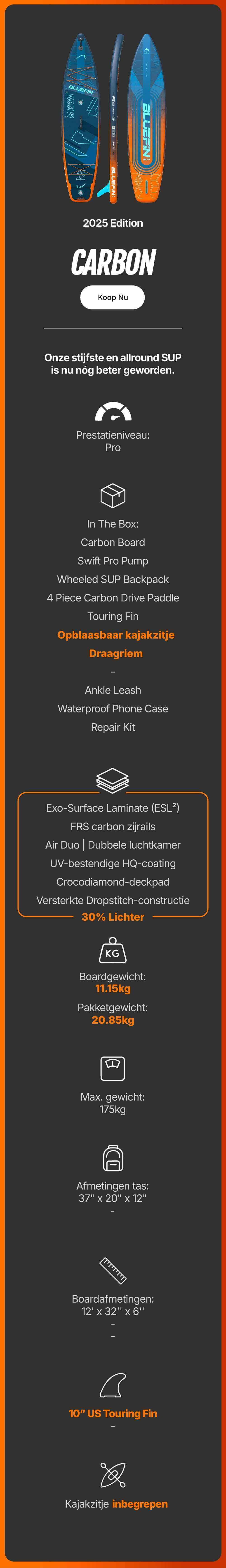 2025 carbon inflatable paddleboard with textured deck pad, center fin, and included accessories in a wheeled backpack